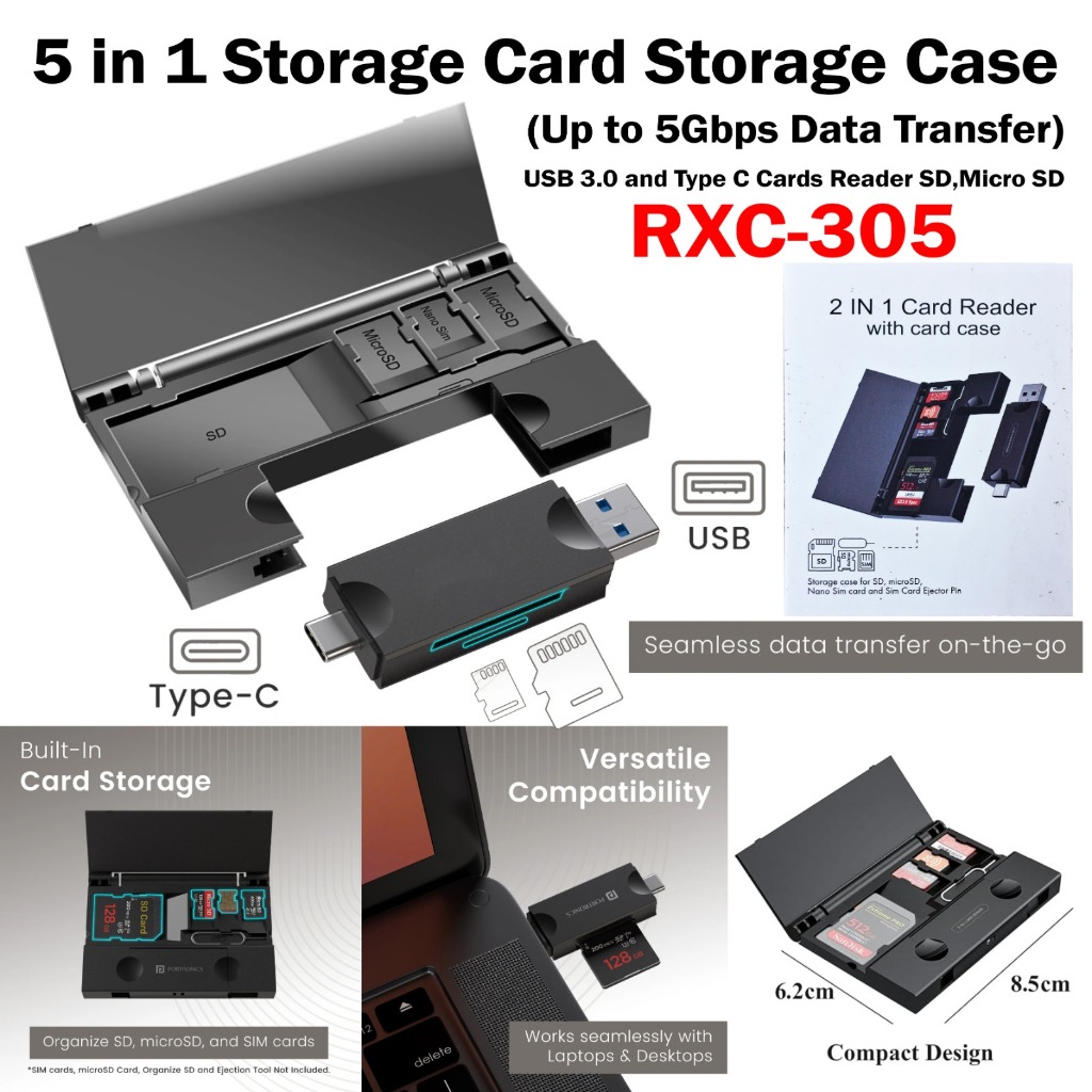 Card Reader Tipe C USB Adaptor Multifungsi Card Storage Case Penyimpanan Card Reader Adaptor RXC-305
