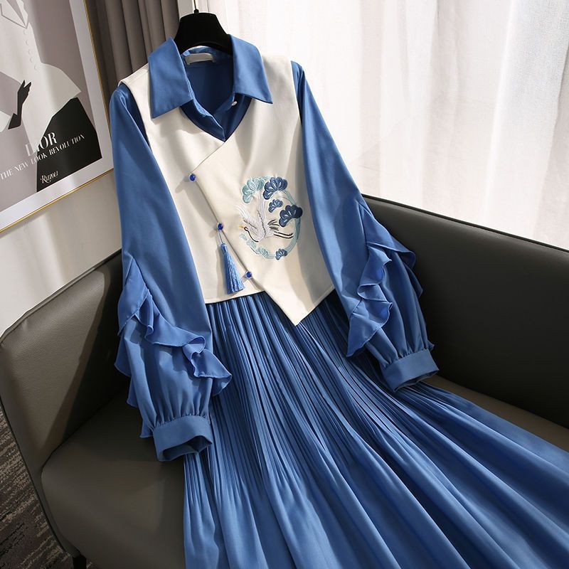 Gaun Dress Hanfu Cheongsam Wanita Rompi Biru Bigsize Jumbo BB 82.5 KG Gaya Tiongkok
