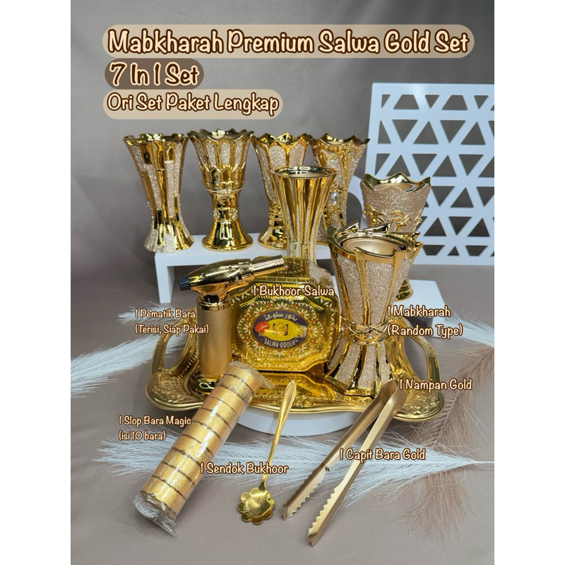 (GROSIR) 7 In 1 Set Premium Gold Salwa Bukhoor Set Gold Salwa Mabkharah Set 1 Mabkharah 1 Nampan Sta