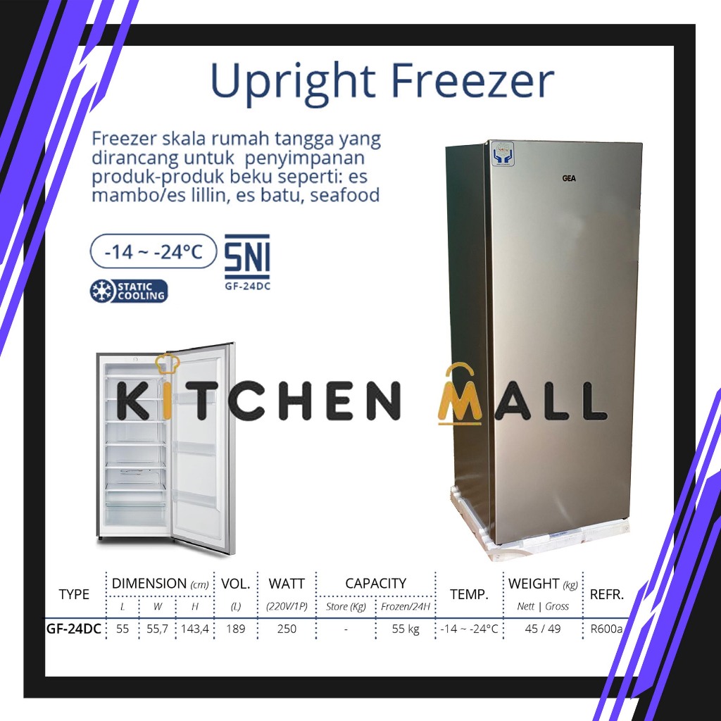 GEA GF-24DC upright freezer 189 liter 1 pintu - kulkas es batu