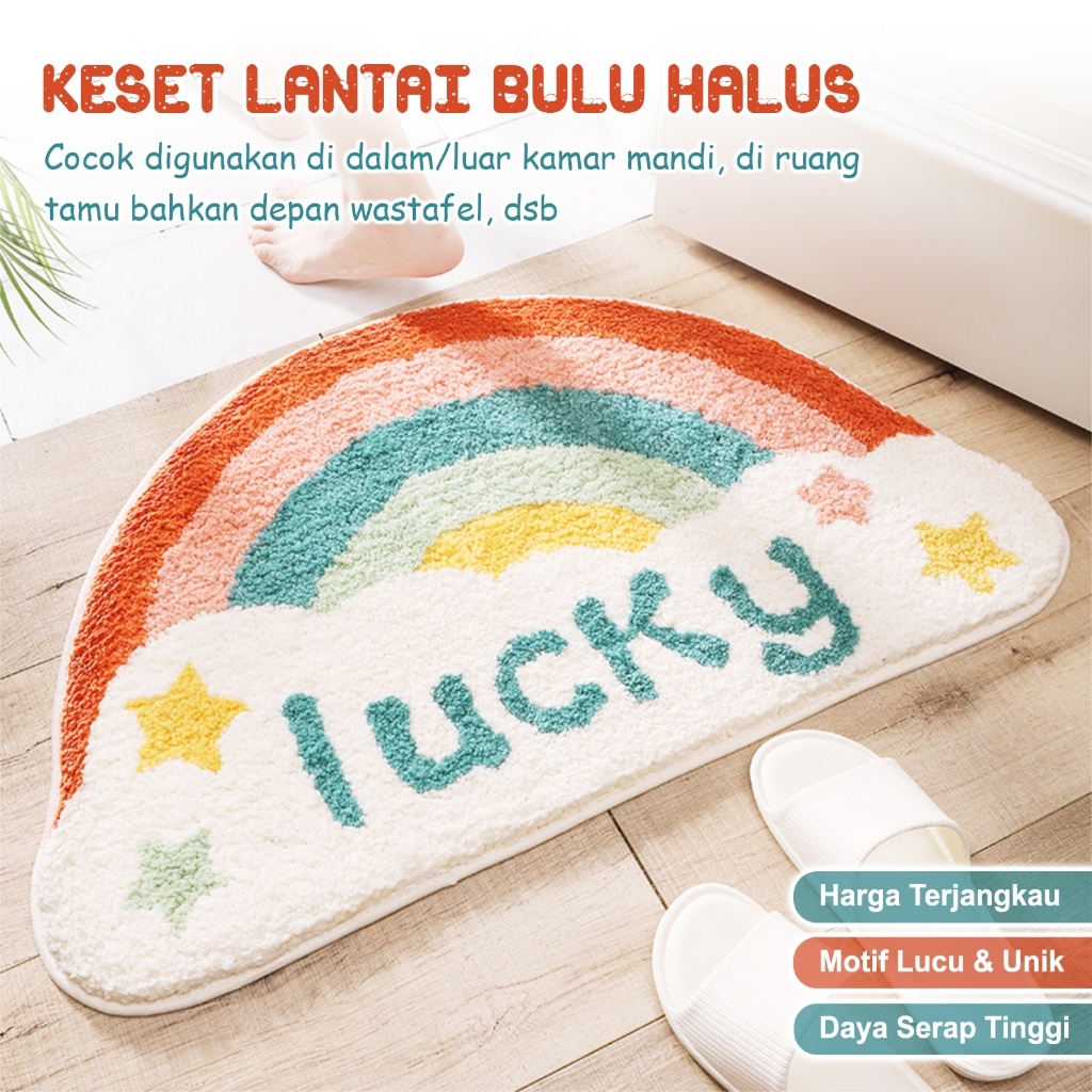Keset Bulu D14A1 Keset Bulu Karakter Keset Kaki Pintu Kamar Bathroom Mat Motif Rainbow Bahan Wool Le