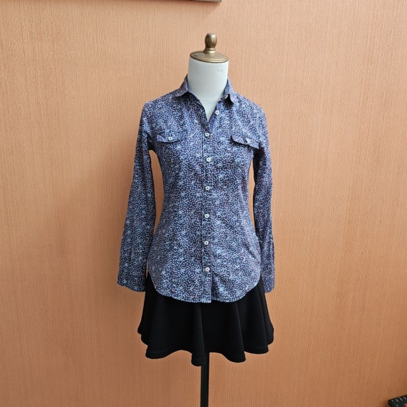 atasan kemeja wanita biru motif C2 cewek S lengan panjang M kerja kuliah