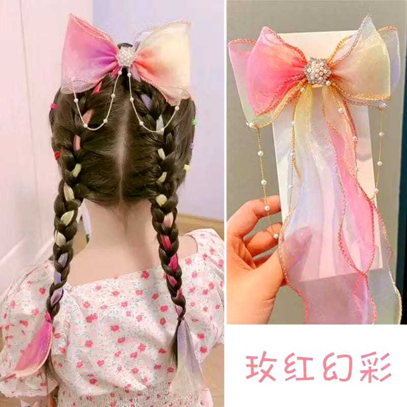 {OTU} Jepitan Rambut Kepang Pelangi Model Pita Panjang / Jepit Pita Rambut Anak / Jepitan Rambut Pit