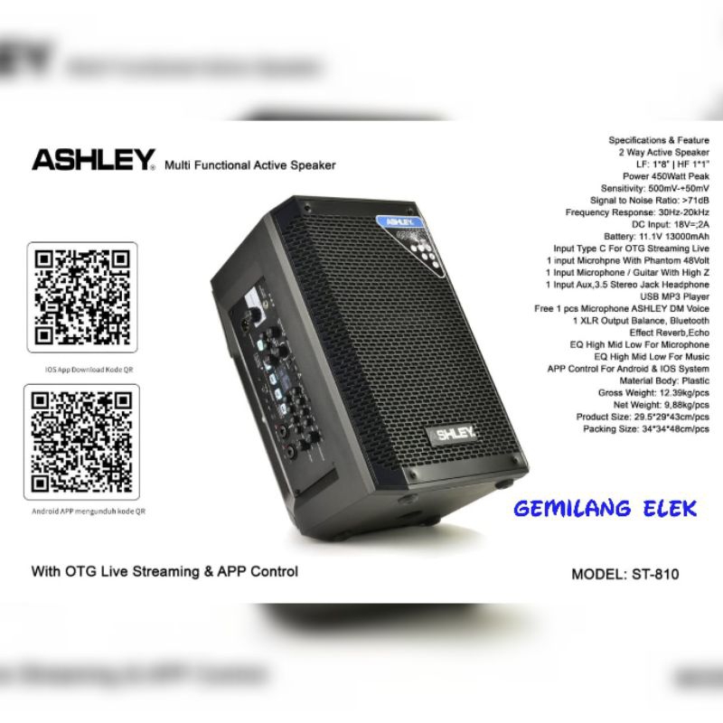 Speaker Aktif ASHLEY ST 810 Original 8 inch Multi fungsi
