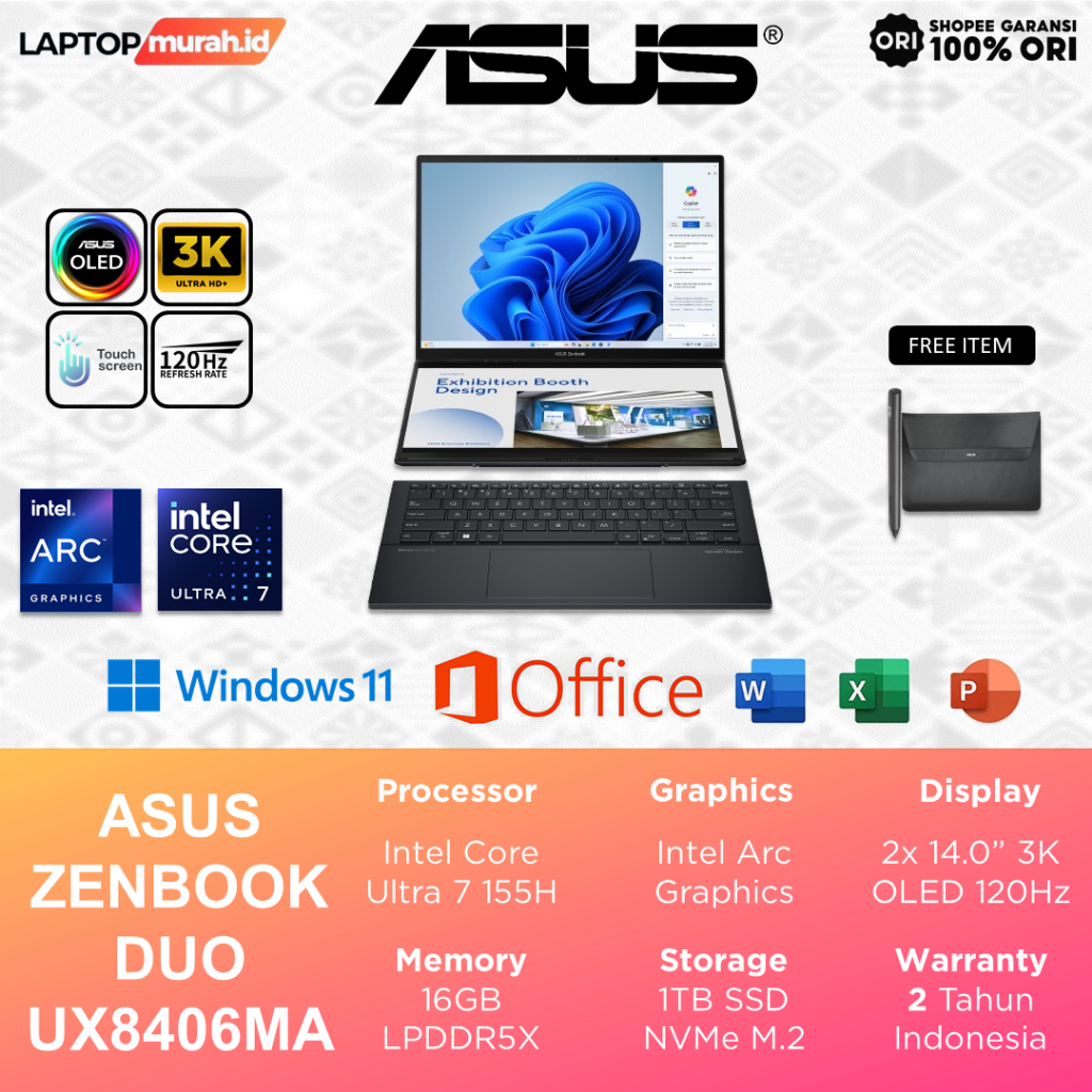 Laptop Asus OLED 2in1 Ultra 7 155H 16GB 1TB 14.0" 3K Windows 11 Pro - Asus Zenbook Duo UX8406MA