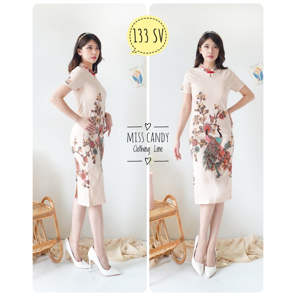 Midi Dress Cheongsam Batik Imlek Sincia Bodycon Katun Stretch Lengan Pendek 133 CH VL SV
