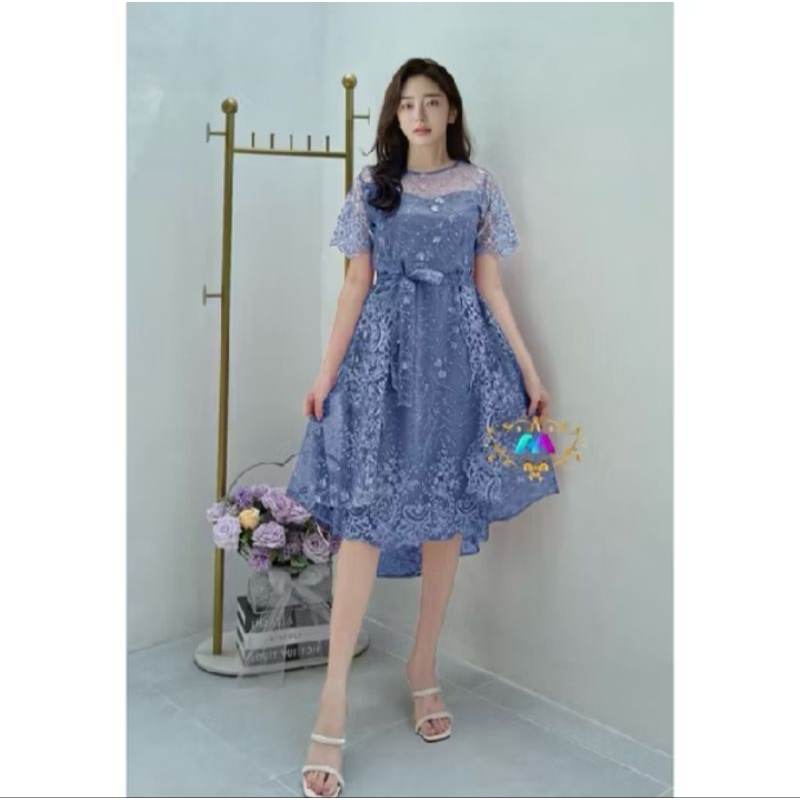 Dress Shina - Midi Dress Pesta Brukat Tile Lengan Pendek Terbaru - Baju Seragaman Wanita Kondangan T