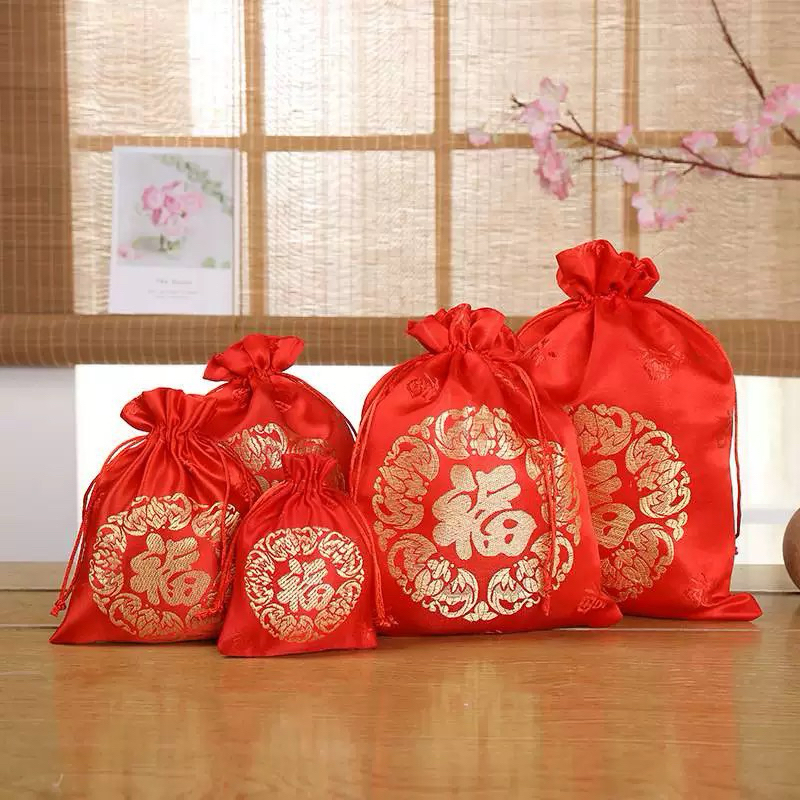 Pouch Serut Bludru Souvenir hadiah imlek / Kantong Serut Kain Imlek Fuk / Kantong Serut Souvenir Fuk