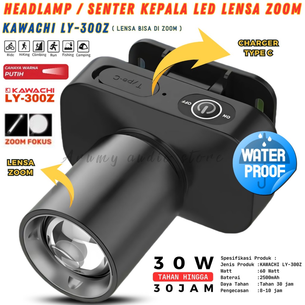 Senter Kepala Led Zoom Kawachi Ly-300z - Jarak Jauh - Super Terang - Type C | Senter Kepala Kawachi 