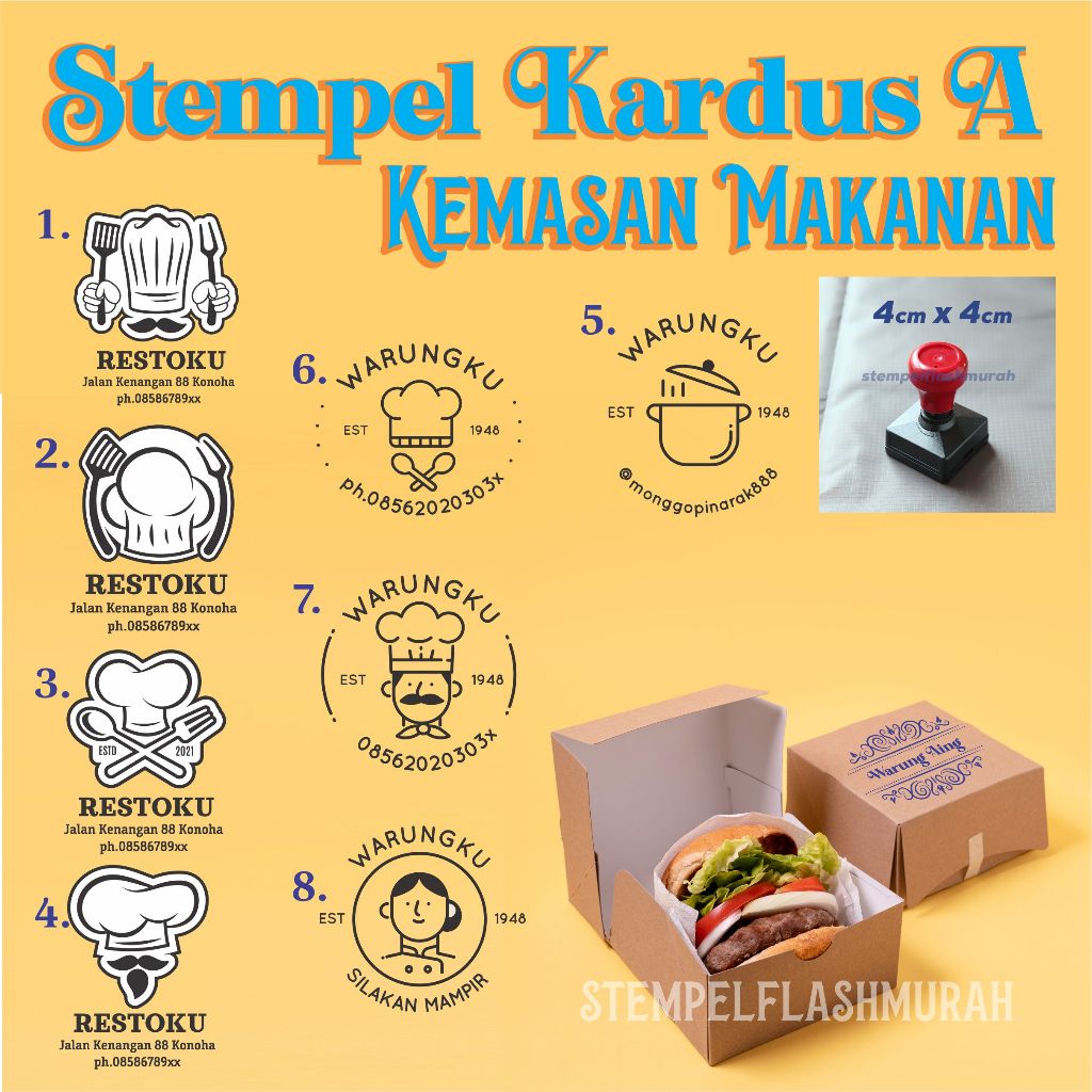 

stempel kardus kemasan A makanan kertas food packing paper bowl cup jajanan roti bakery branding flash stempelflashmurah murah tinta otomatis