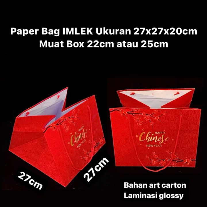 

Paperbag Imlek Laminasi Glossy Mewah Ukuran 27x27x20 cm Muat Box 22 cm 25 cm