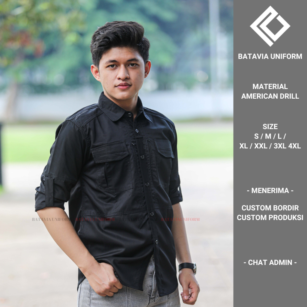 Baju TACTICAL Pria Lengan Panjang - Kemeja Seragam Kerja Dinas Lapangan Tactical Hitam Bahan America