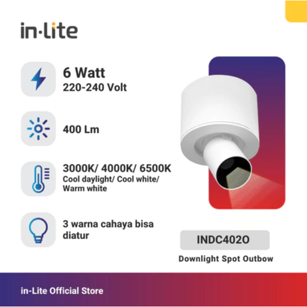 INLITE - LAMPU SOROT SPOTLIGHT OUTBOW 3WARNA 6W INDC402O / LAMPU SPOT / LAMPU SOROT OUTBOW / LAMPU O