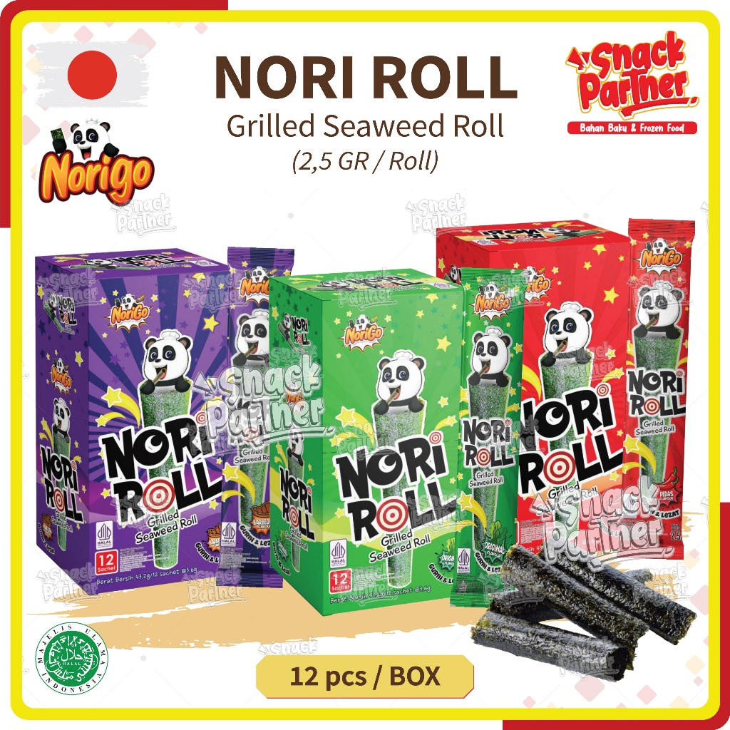 

NORI ROLL 12 PCS / BOX | @2,5 GR / Roll - Snack Cemilan Grilled Seaweed Rumput Laut Jepang NORIGO