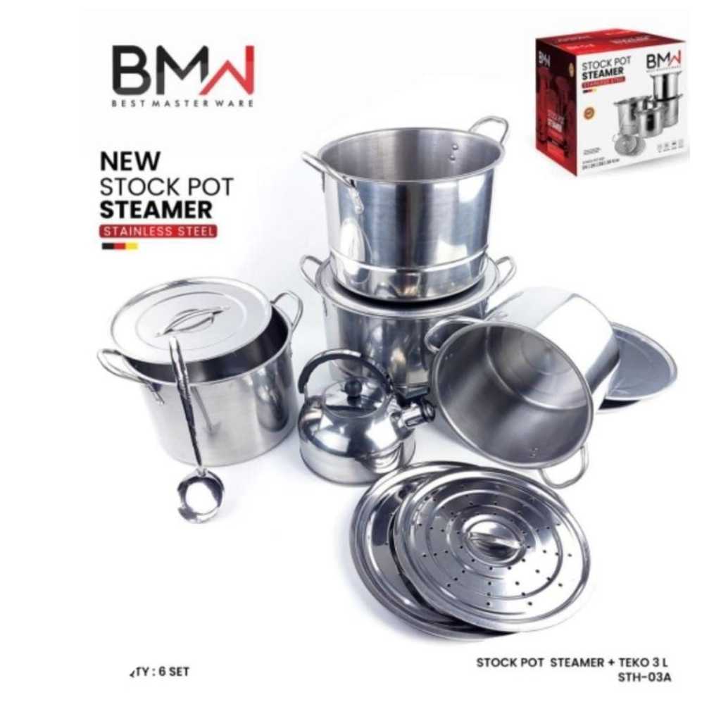 Stock Pot BMW Steamer 4 Set 2 Kukusan BMW + Teko Stock Pot BMW + Teko Panci kukusan set Dandang Stai