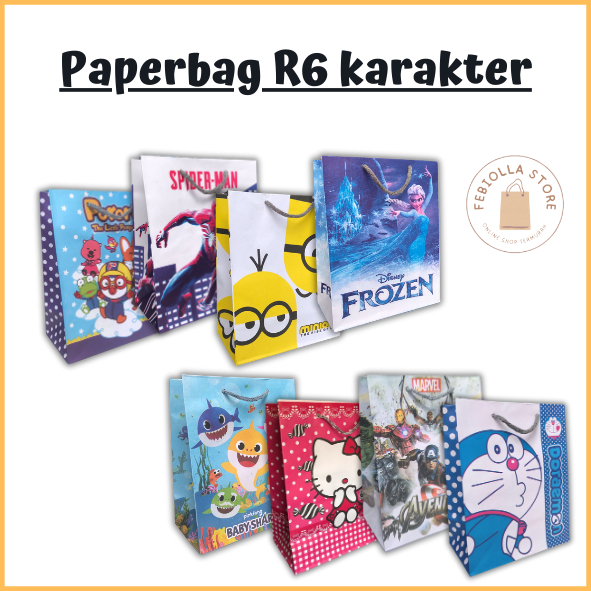 

Tas Kertas Kartun Karakter R6 - Baby Shark, Kuromi, Avengers, Pororo, Doraemon, Frozen, Minion, Spiderman - Ukuran 20 x 11 x 25 cm - Tas Kado Ulang Tahun