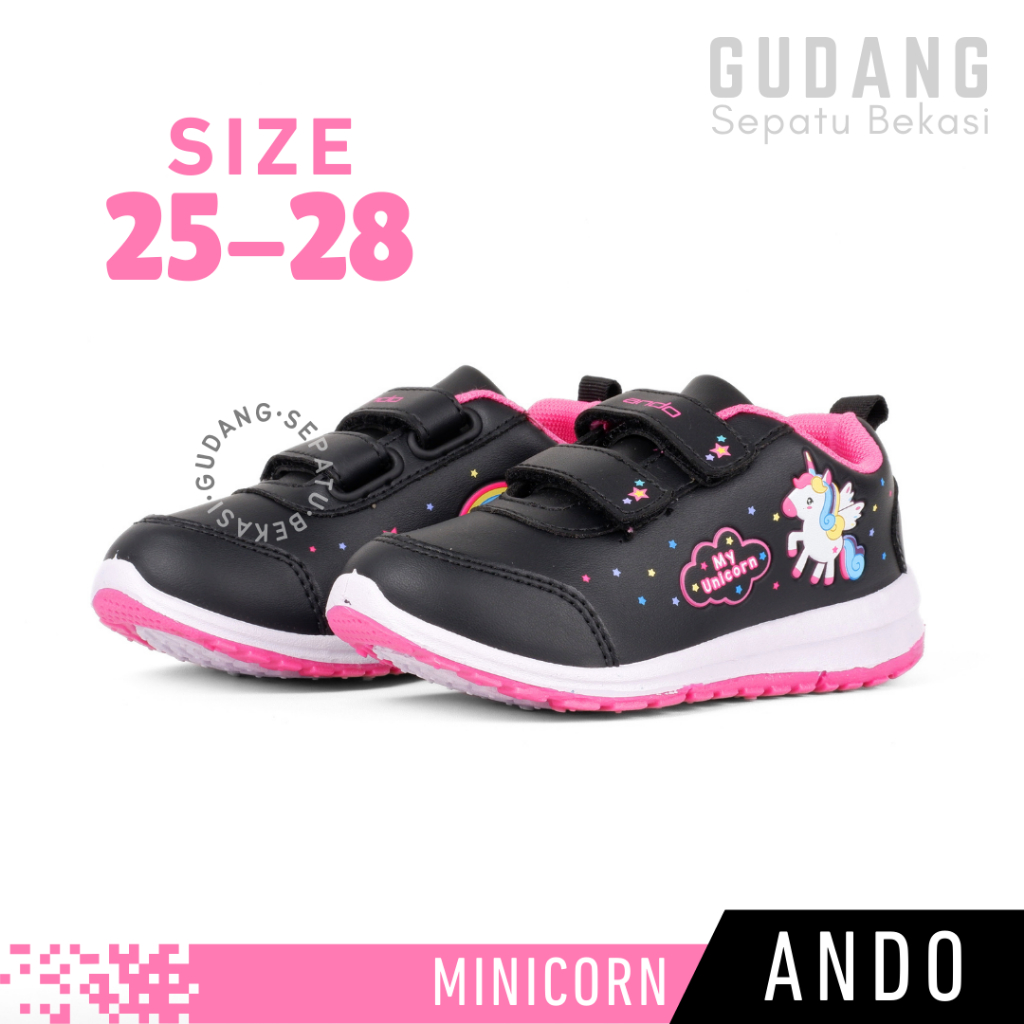 Sepatu Anak Perempuan Balita Usia 3 4 5 Tahun Sepatu Sekolah Paud TK SD Kelas 1 Ando Minicorn Hitam