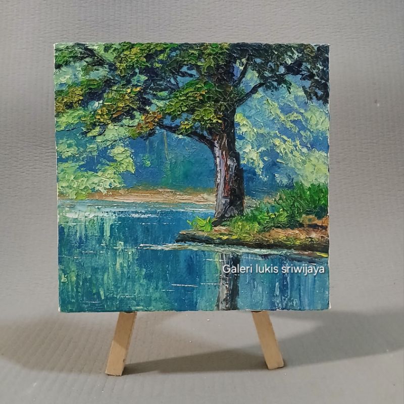Lukisan pemandangan pohon aesthetic 20 x 20 cm,lukisan danau ,lukisan pemandangan alam,lukisan minim