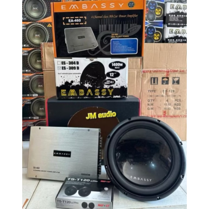 Paket Sound Audio Mobil 12inch EMBASSY(Power embassy EA-460.4..Subwoofer Embassy ES-309D..Box 12in +