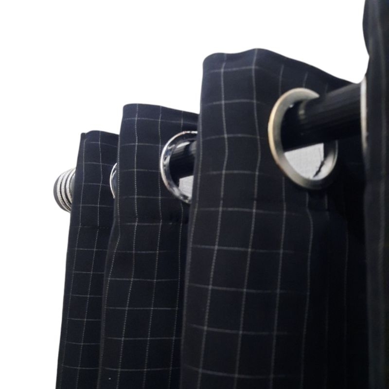 Gorden Tirai Smokring Ring Bulat MotifKotak Hitam Estetik Ukuran Jendela & Pintu KainKatun T200cm