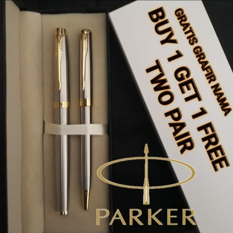 

Bolpoin Mewah Parker By 1 Get 1 Bolpoin& Roller Ball Pen Stainless Gold Clip Free Grafir Nama & Box Hitam Elegan