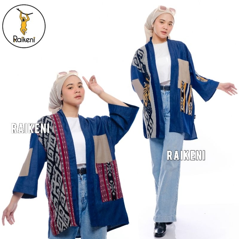 RAIKENI Kimono Jiinzu | Outer Jepang Jeans Batik Tenun | Kimono Jeans Tenun Batik | Outer Kimono Jep