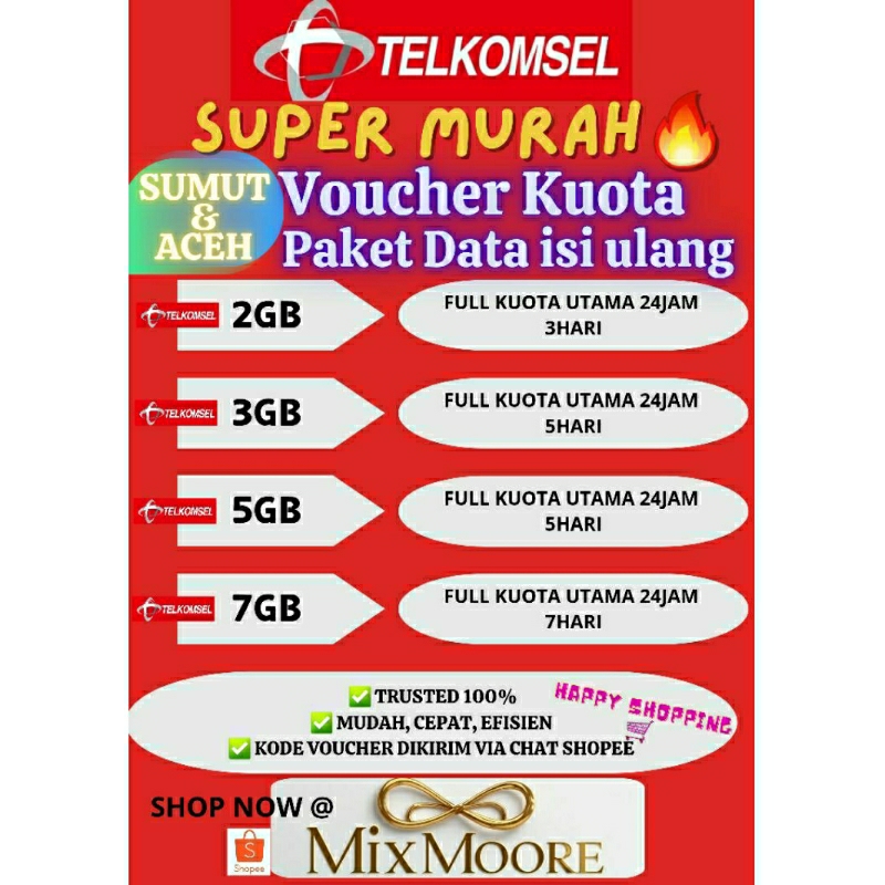 VOUCHER TELKOMSEL PAKET DATA KUOTA SUPER MURAH  ISI ULANG INTERNET AREA SUMUT FULLTIME  2GB 3GB 5GB 