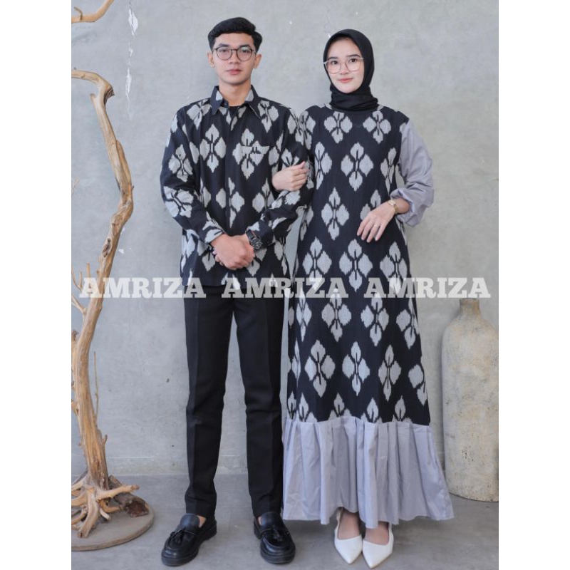 AMRIZA - BAJU TENUN COUPLE, DRES KARINA MAWAR HITAM, SET COUPLE BAJU PASANGAN, BAJU COUPLE LEBARAN