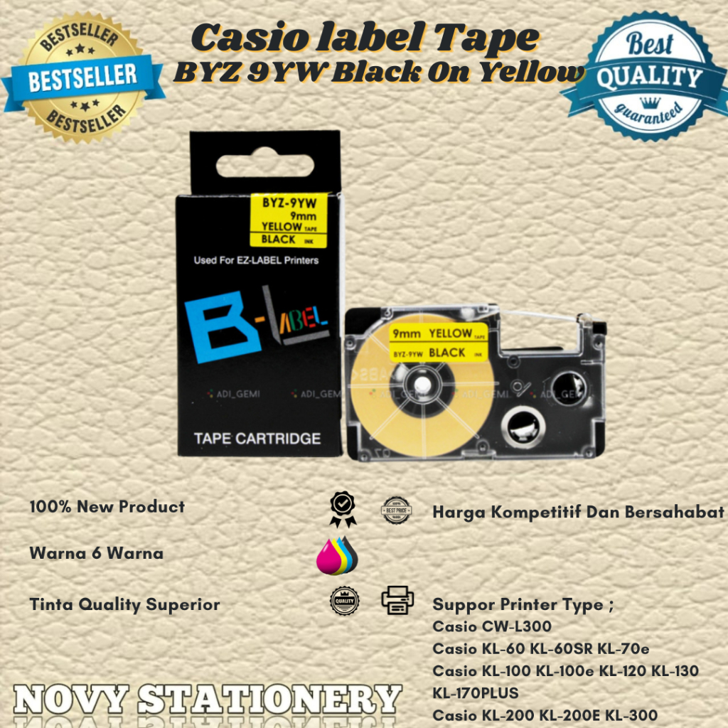 

Compatible Label Tape Casio BYZ 9YW Black On Yellow - KL-60 KL-60SR