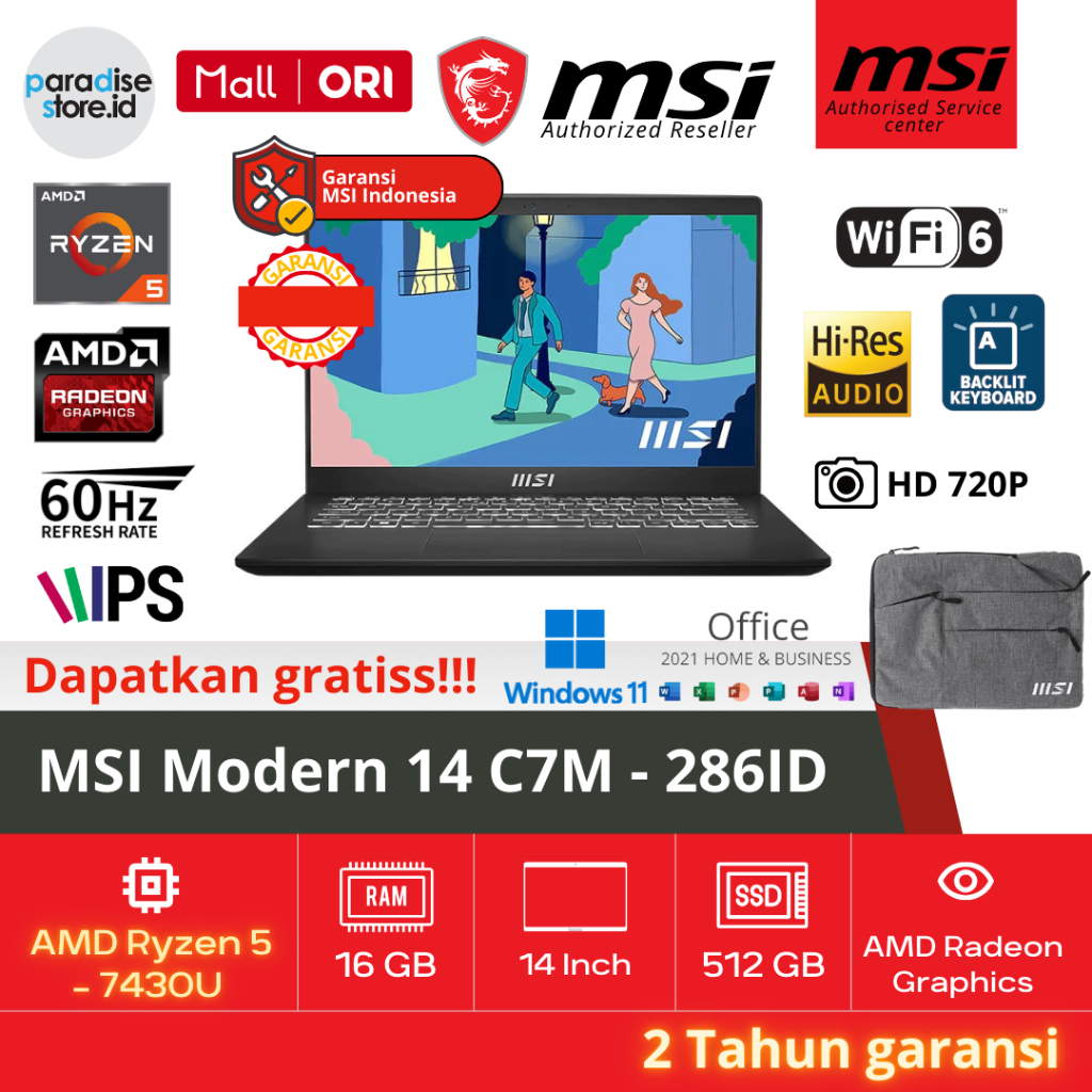 Laptop MSI Modern 14 C7M Ryzen 5 7430U AMD Radeon Graphics 14" FHD IPS-Level - BLACK