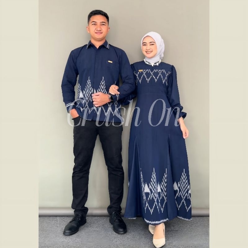 Baju Couple Tenun Troso, Gamis Tenun Kondangan Pesta Formal Kombinasi Biru Navy, Baju Kekinian Pasan