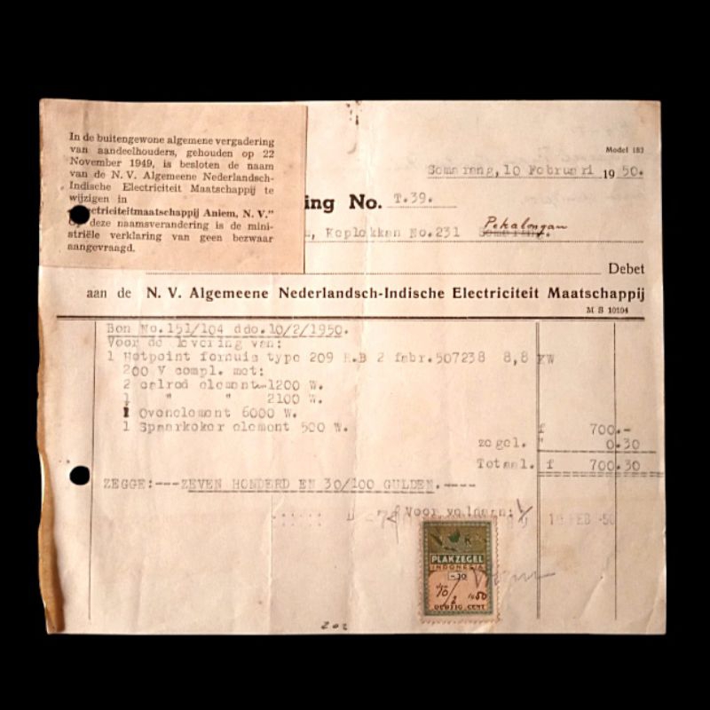 

Antik Kwitansi Listrik NV.Algemeene Ned-Indie Elect.Maatschappij 1950