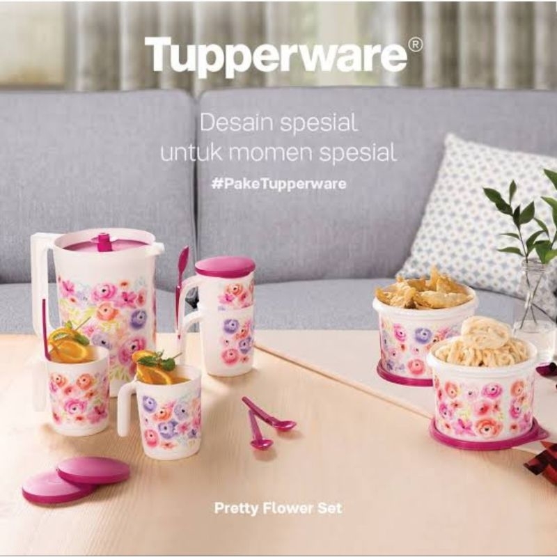 Tupperware Pretty Flowers Set / Water Jug Pitcher Beverage Open House Canister Teko Gelas Saji Tamu