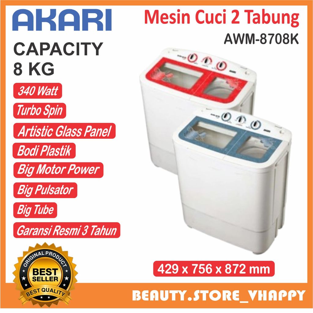 Mesin Cuci AKARI 2 Tabung Turbo Spin AWM-8708K Garansi Resmi Murah
