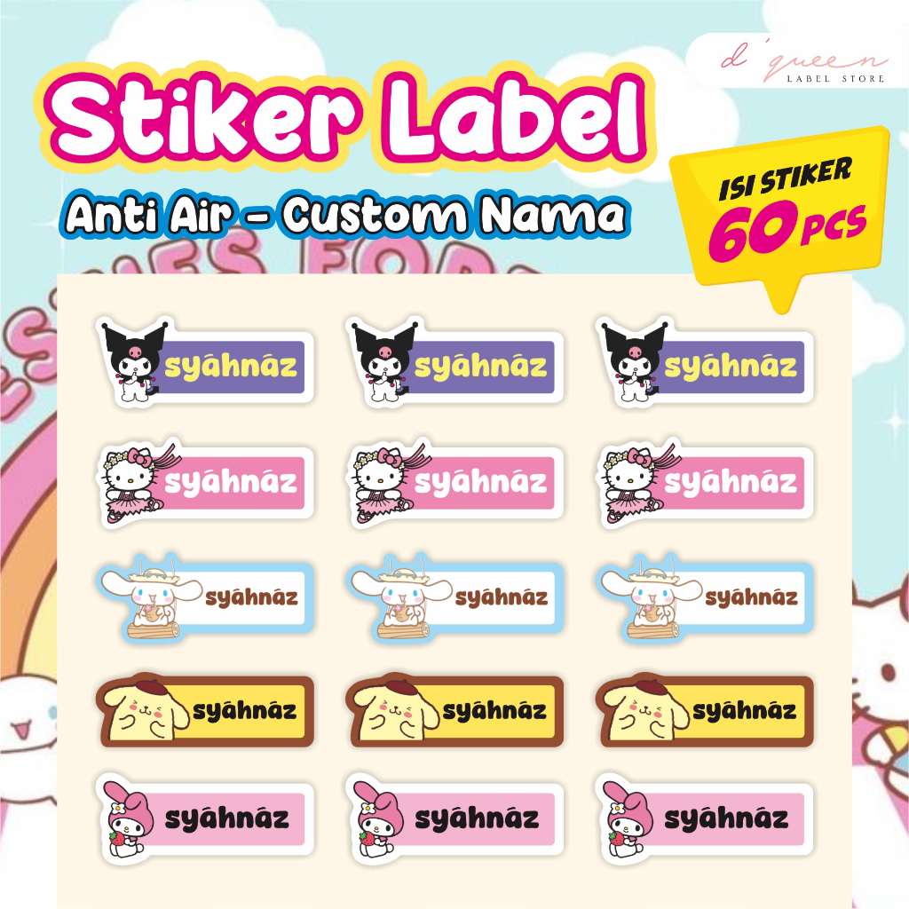 

[isi 60pcs] STIKER LABEL NAMA ANAK SANRIO WATERPROOF ANTI AIR | STIKER CUSTOM NAMA