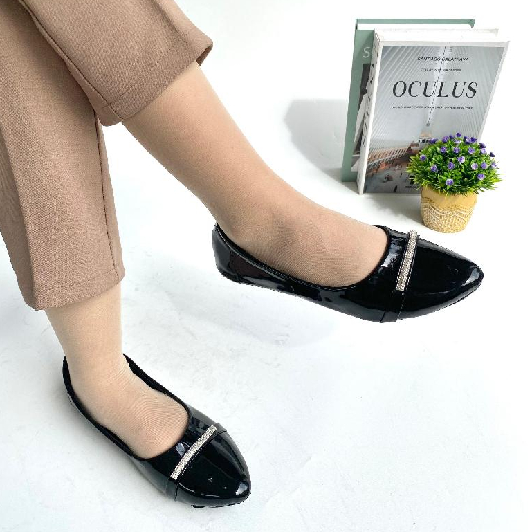 Sepatu Balet Wanita Terbaru Hitam Diamond Flatshoes Cewek Sol Karet