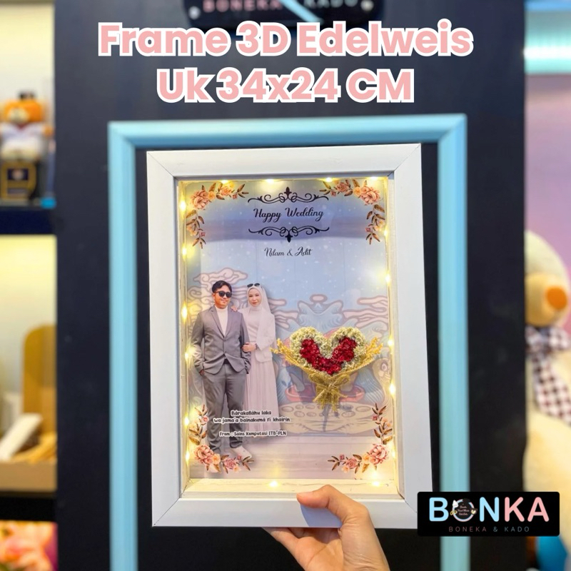 Frame 3D Edelweis Ukuran 24 x 34 cm Potrait Hadiah Kado Wedding Valentine Custom 1 Hari Jadi Bonka