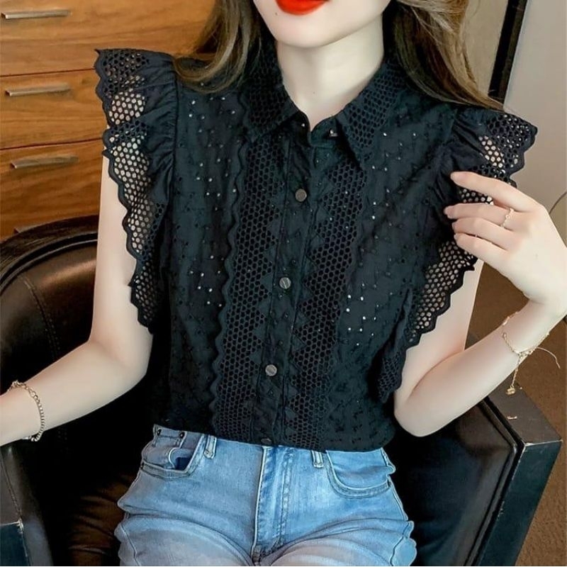 2191 Baju atasan kemeja blouse JOLA RUFFLED EMBROIDERED COTTON SHIRT lengan pendek bordir hitam puti