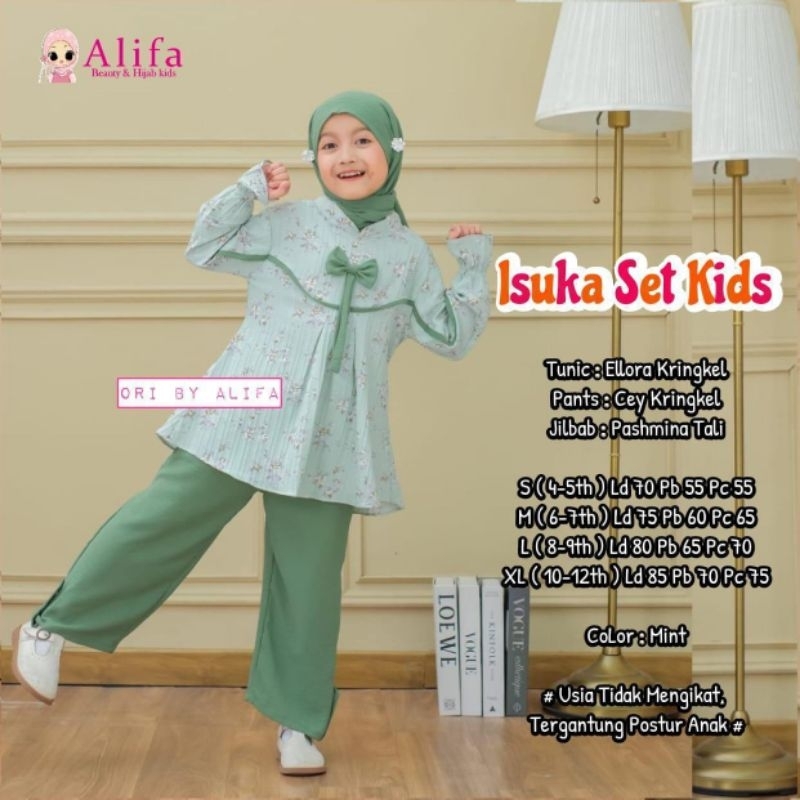 new setelan anak isuka set kids tunik+pant+jilbab original by alifa
