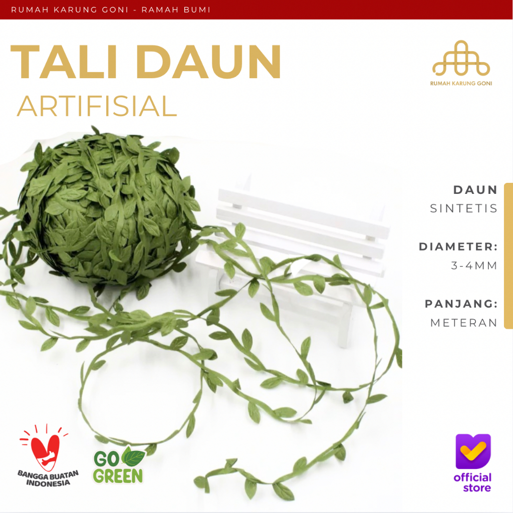 Tali Daun Bahan DIY Per Meter - Tali Pita Motif Daun Hijau - Pita Daun per Meter