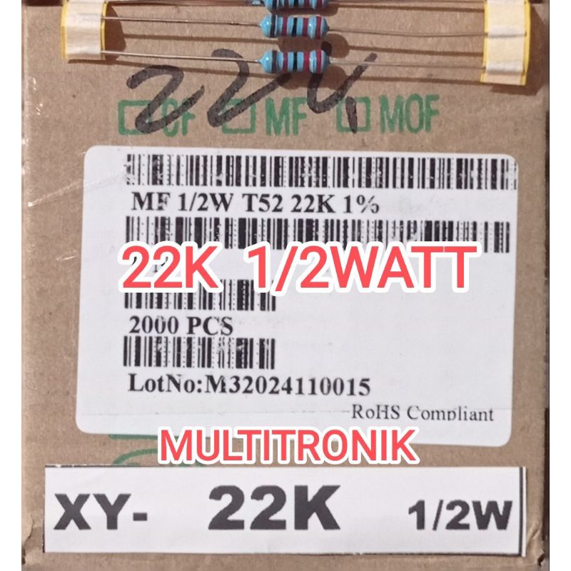 RESISTOR 22K 1/2WATT 1%  RESISTOR 0.5WATT 22K METAL FILM TAIWAN