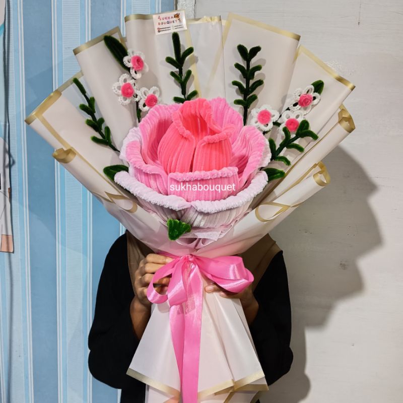 Buket Bunga Mawar Jumbo Kawat Bulu Termurah / Bouquet Pipe Cleaner Giant Rose Flower Besar (Free Pac