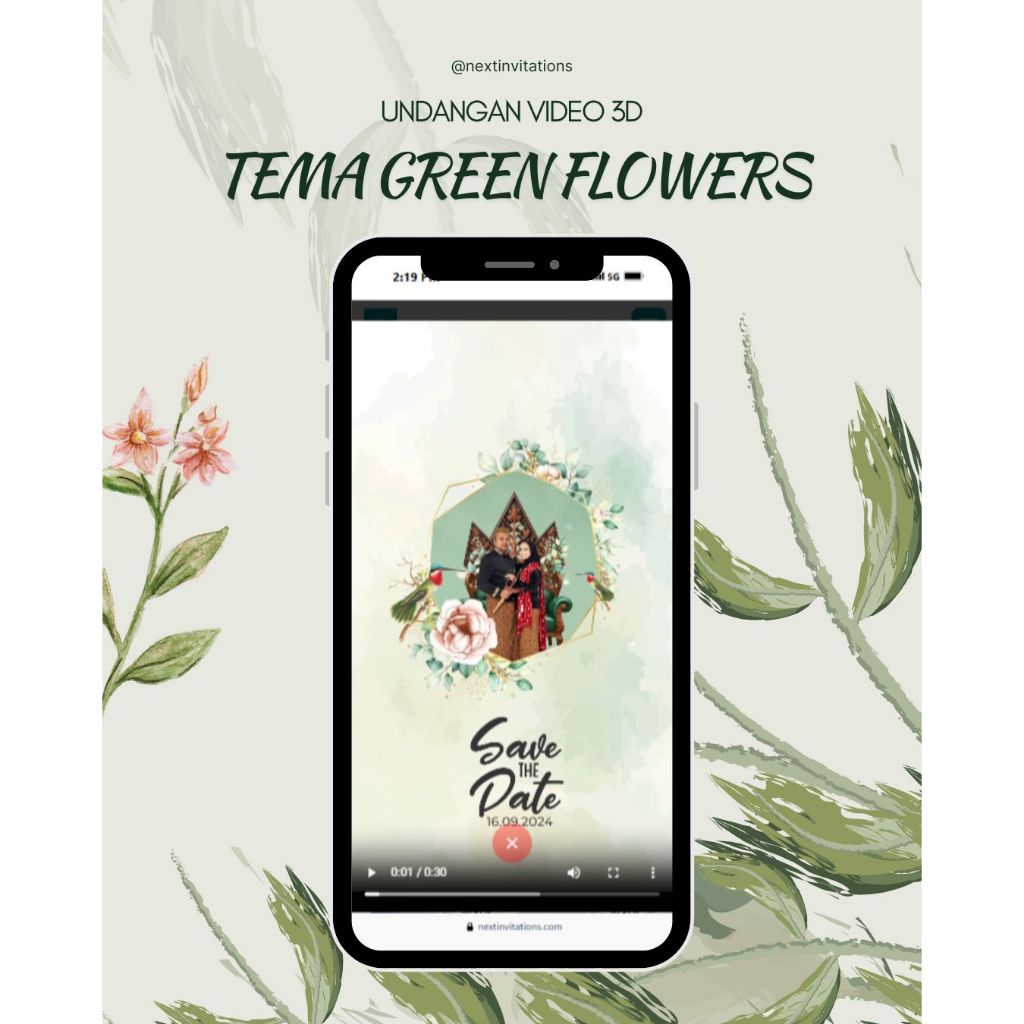 Undangan Digital Video 3D Pernikahan Bunga | Undangan Video 3D Silver Tema Green Flowers