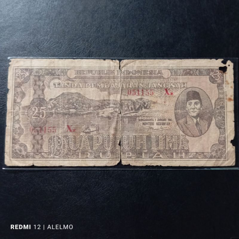 uang kertas kuno 25 seri ori tahun 1947 bekas jelek