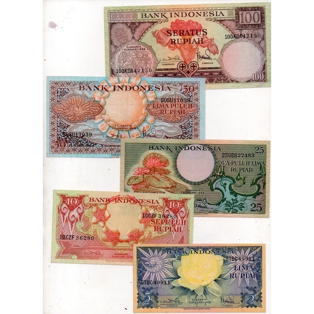 SET KOLEKSI INDINESIA SERI BUNGA 5 10 25 50 100 RUPIAH KERTAS TAHUN 1959 ASLI READY