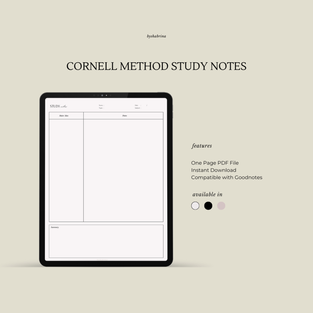

Cornell Method Study Notes - One Page Printable