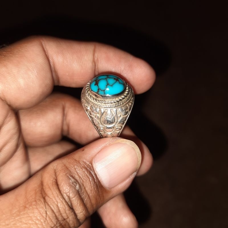 Batu Permata Natural Turquoise / Batu Pirus Serat Kura Kura Ring Perak