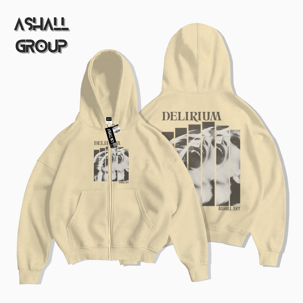 Jaket Sweater Hoodie Boxy Zipper Delirium Warna Cream Unisex Pria Wanita Memakai Resleting | Jaket H