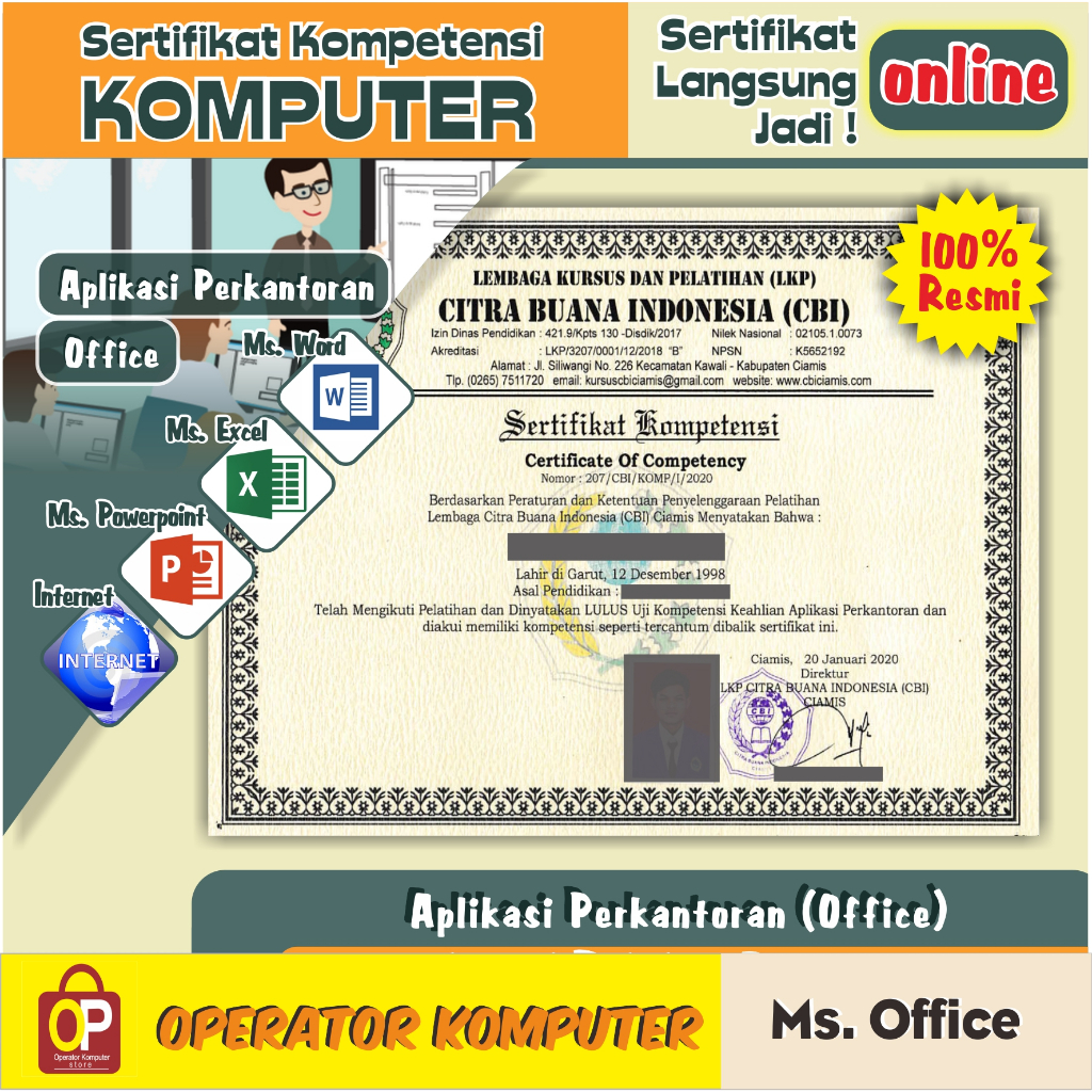 

SERTIFIKASI KOMPUTER OFFICE DAN INTERNET RESMI ONLINE
