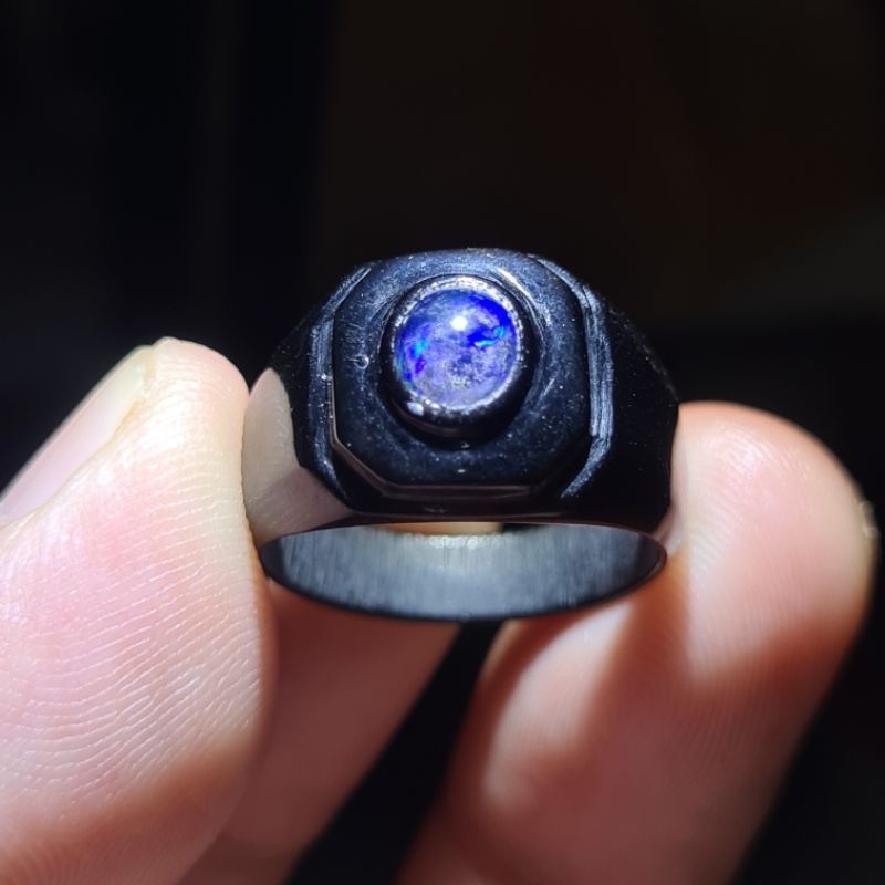 Batu Kalimaya Banten Kristal Biru (Blue Crystal Opal) Ring Tanduk K11